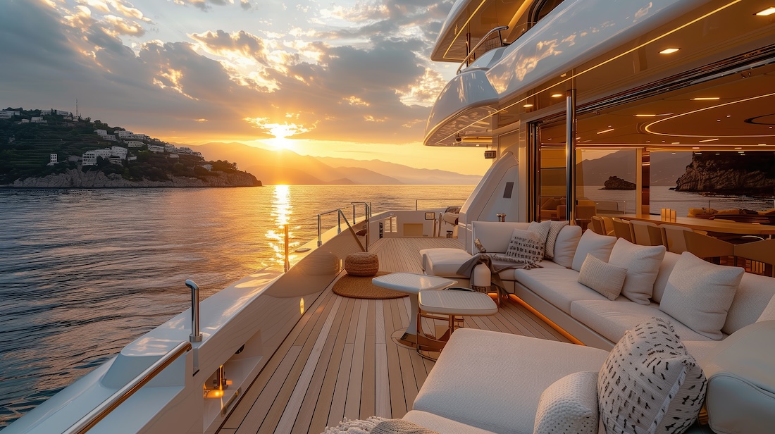 Cruise ship deck at sunset. Luxury yacht in the sea.