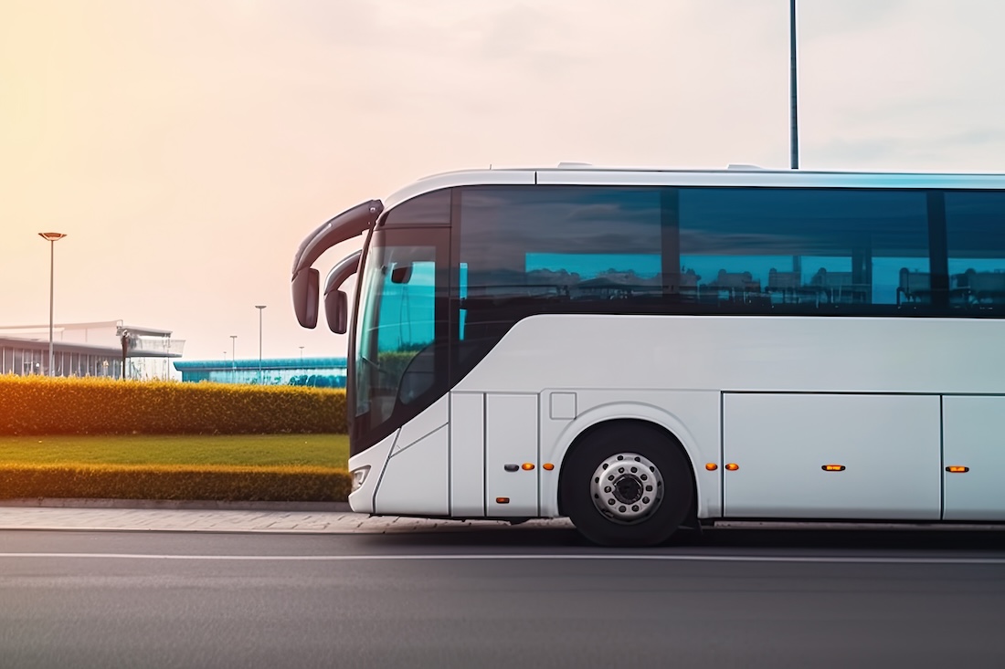 Big white tourist bus at the airport. Generative ai.