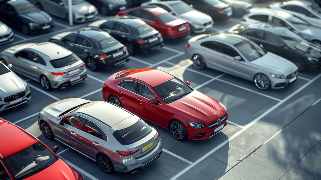 cars parked in the parking lot, used car for rental services or cars sale business background