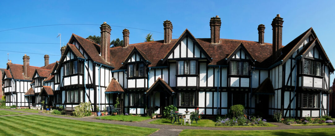 row of 19th century half timbered almshouses in tring hertfordshire