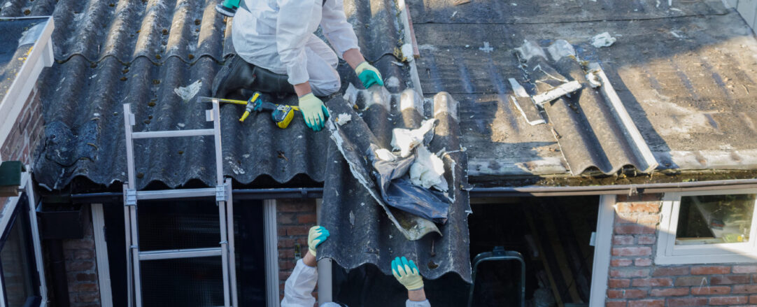 Professional asbestos removal team in protective suit